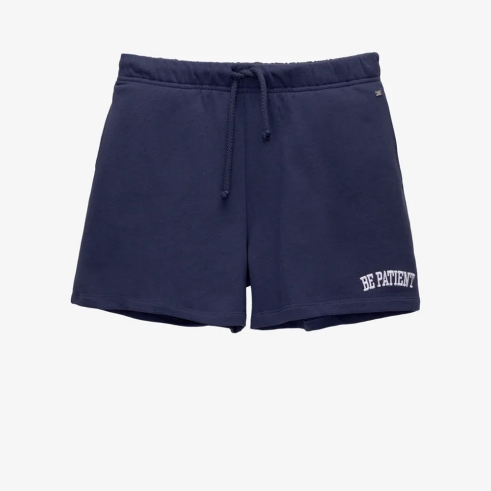 Pull&Bear Navy Blue 'Be Patient' Cotton Athletic Shorts Pockets Elastic Waist M